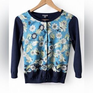 Ann Taylor Floral Cardigan Blue Green Silk Blend Lightweight Women’s Size S